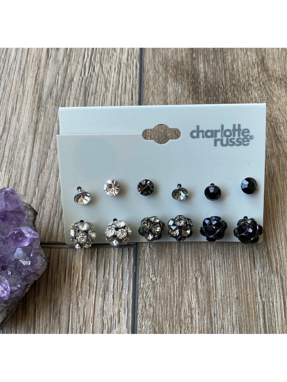 NWT Charlotte Russe 6 Pair Rhinestone Stud Earring Set Black Silver Clear